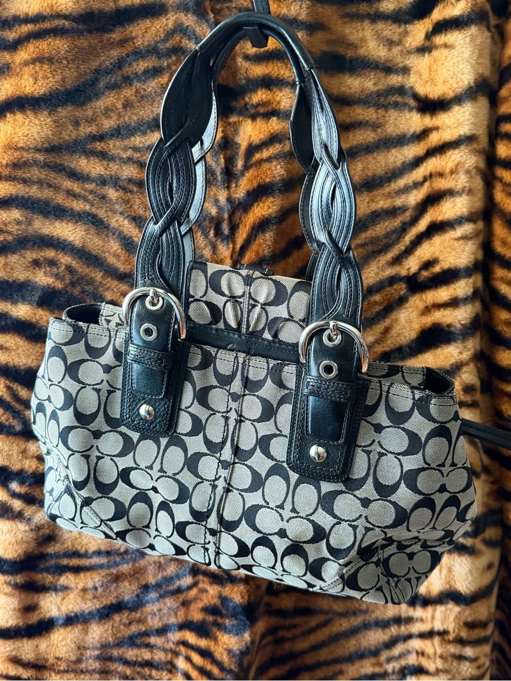 Coach Black and Gray Signature Canvas Shoulder Bag and wallet